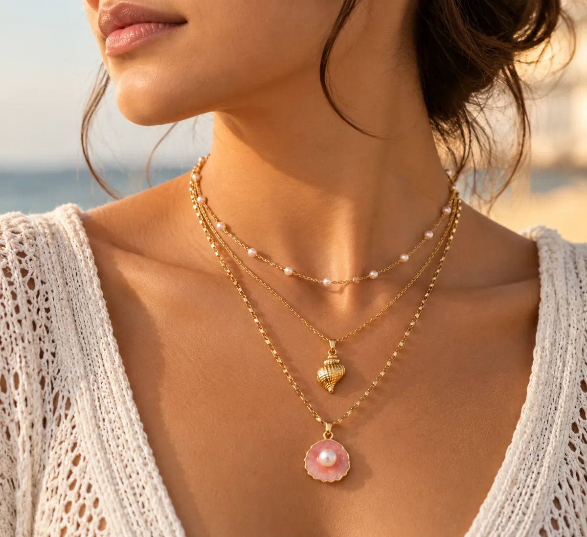 Blush Tide Triple Layer Shell Necklace – Gold Plated